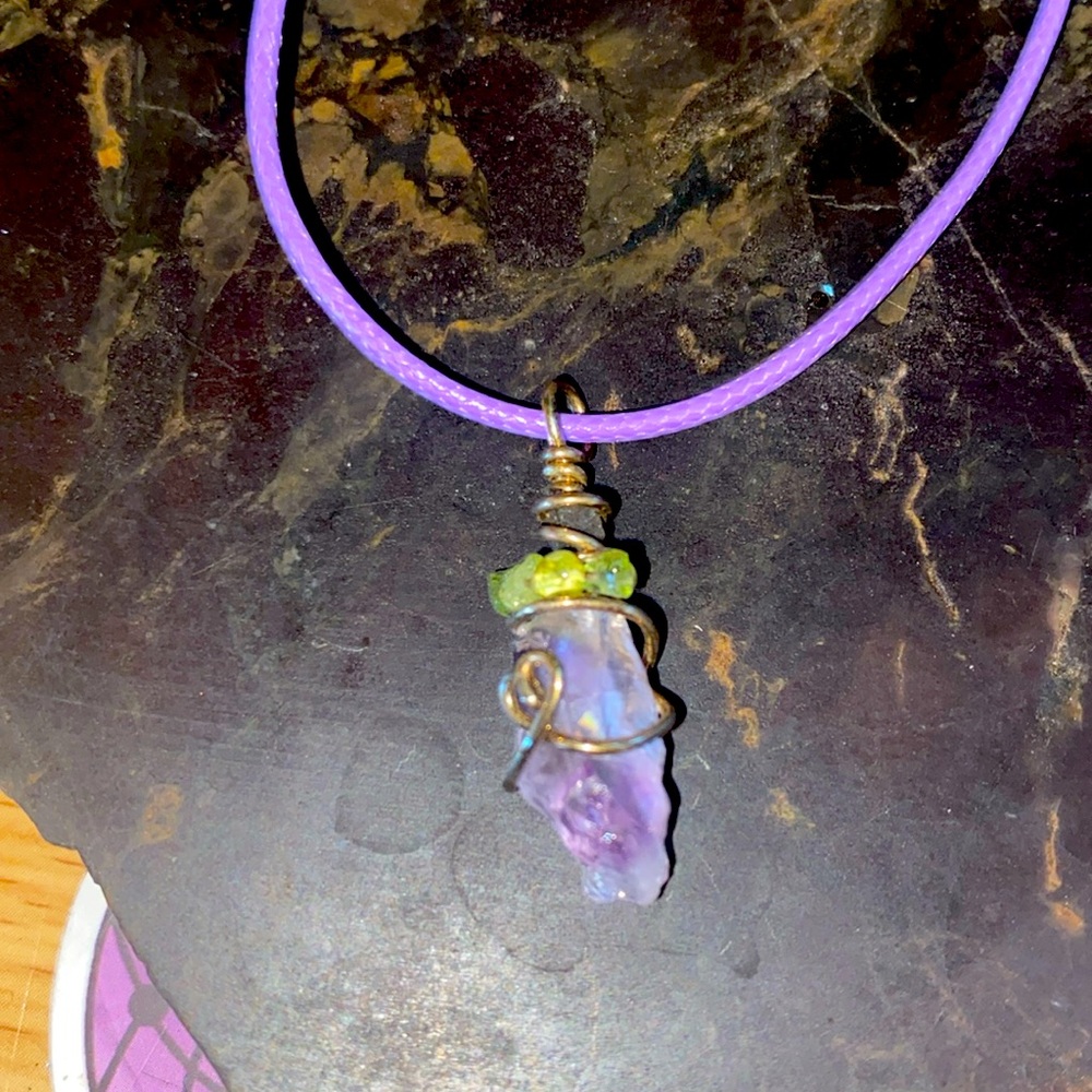 Amethyst with Moldavite and peridot